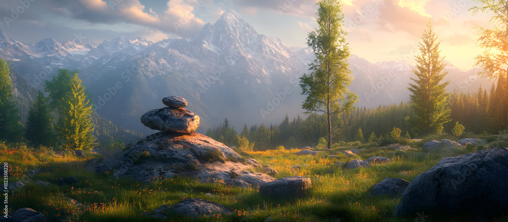 Poster a mountain range with a tree in the foreground