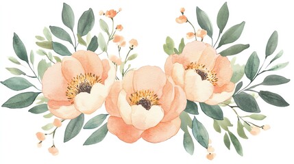 Delicate watercolor flowers with soft peach shades and lush green leaves, perfect for romantic designs and floral arrangements.