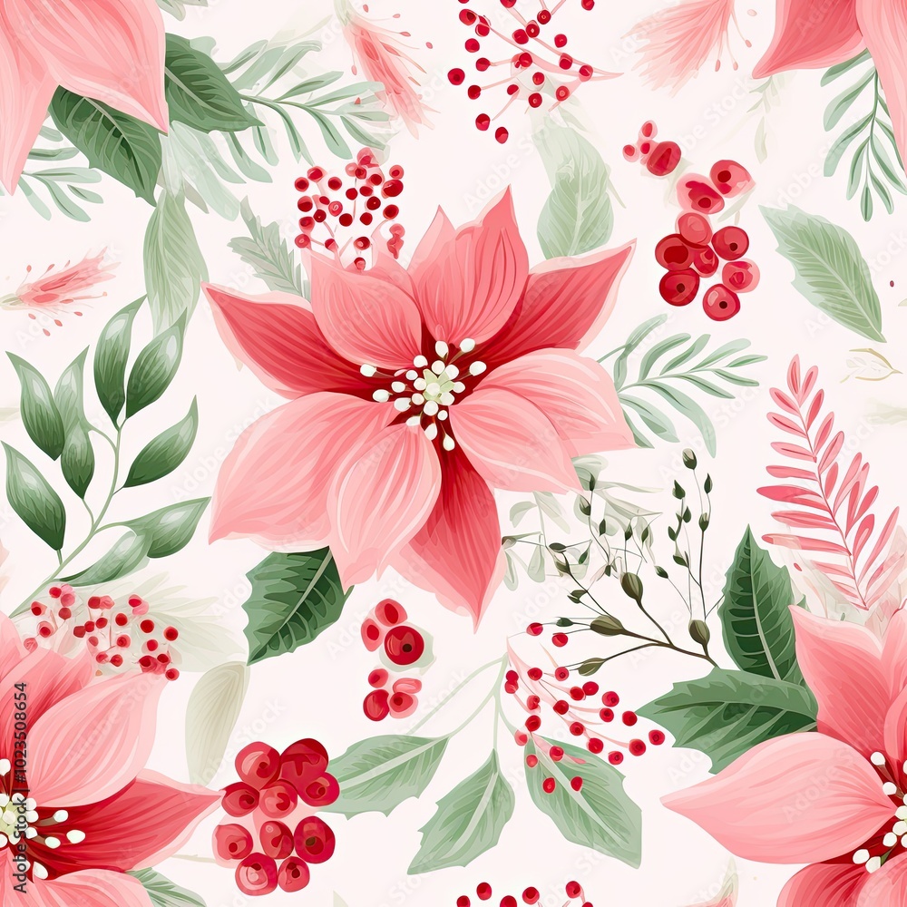 Poster this artwork showcases a vibrant array of red poinsettias surrounded by green foliage and small berr