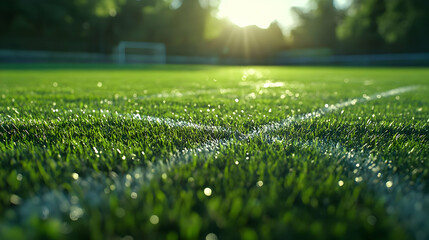 Naklejka premium Closeup of Green Grass Field with White Lines - Realistic Image