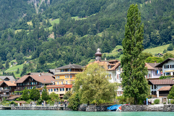 Naklejka premium Small village of Brienz in Switzerland, on Lake Brienz, mountains in background