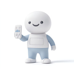 Fototapeta premium Cute cartoon robot character holding a remote control and smiling