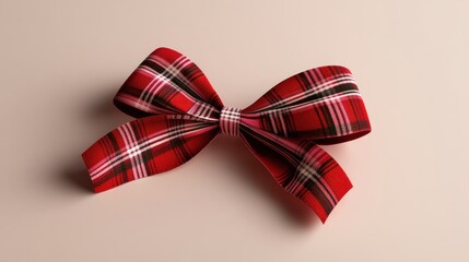 Red Plaid Fabric Bow on Light Beige Background