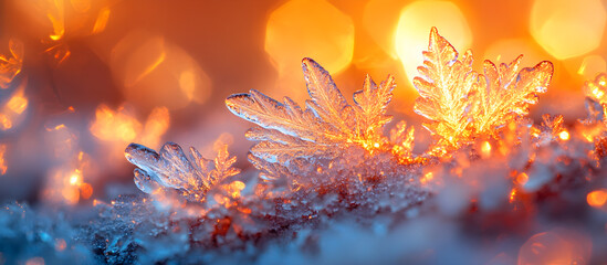 A close up of snowflakes with a warm orange background