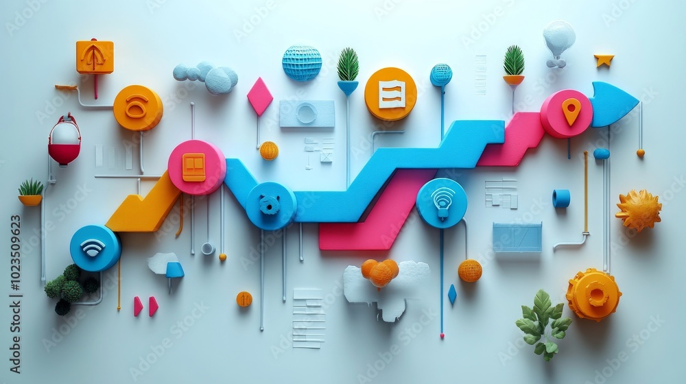 Poster a colorful, abstract representation of growth and progress with various icons and shapes.
