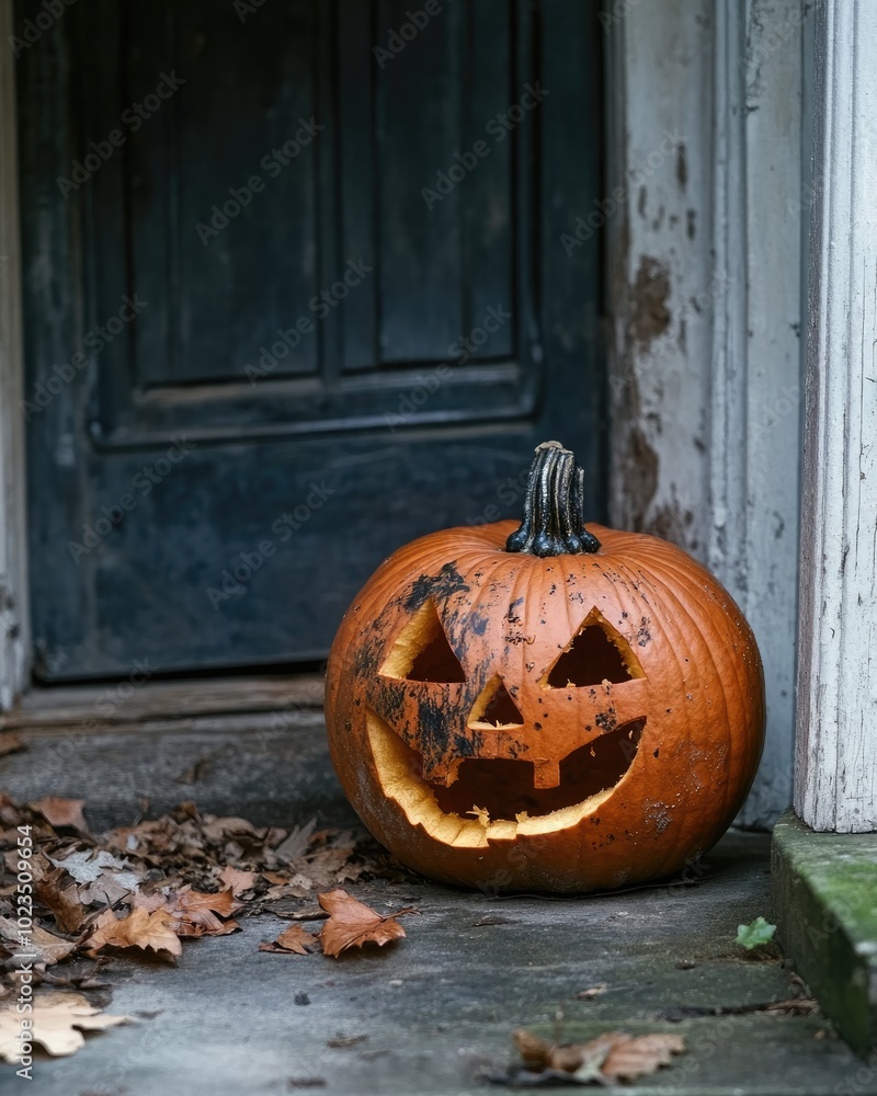 Canvas Prints spooky carved pumpkin on doorstep