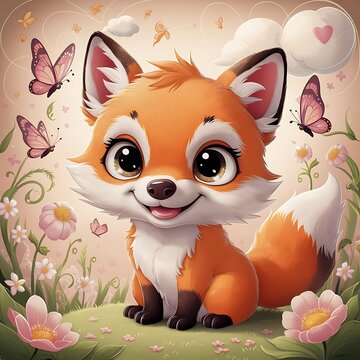 Cute cartoon fox illustration. Charming fox cartoon character surrounded by vibrant flowers, butterflies against a white background.