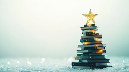 Christmas Tree Made from Stacked Books with Festive Lights and Star Topper - Nerd Xmas Template - White Background 