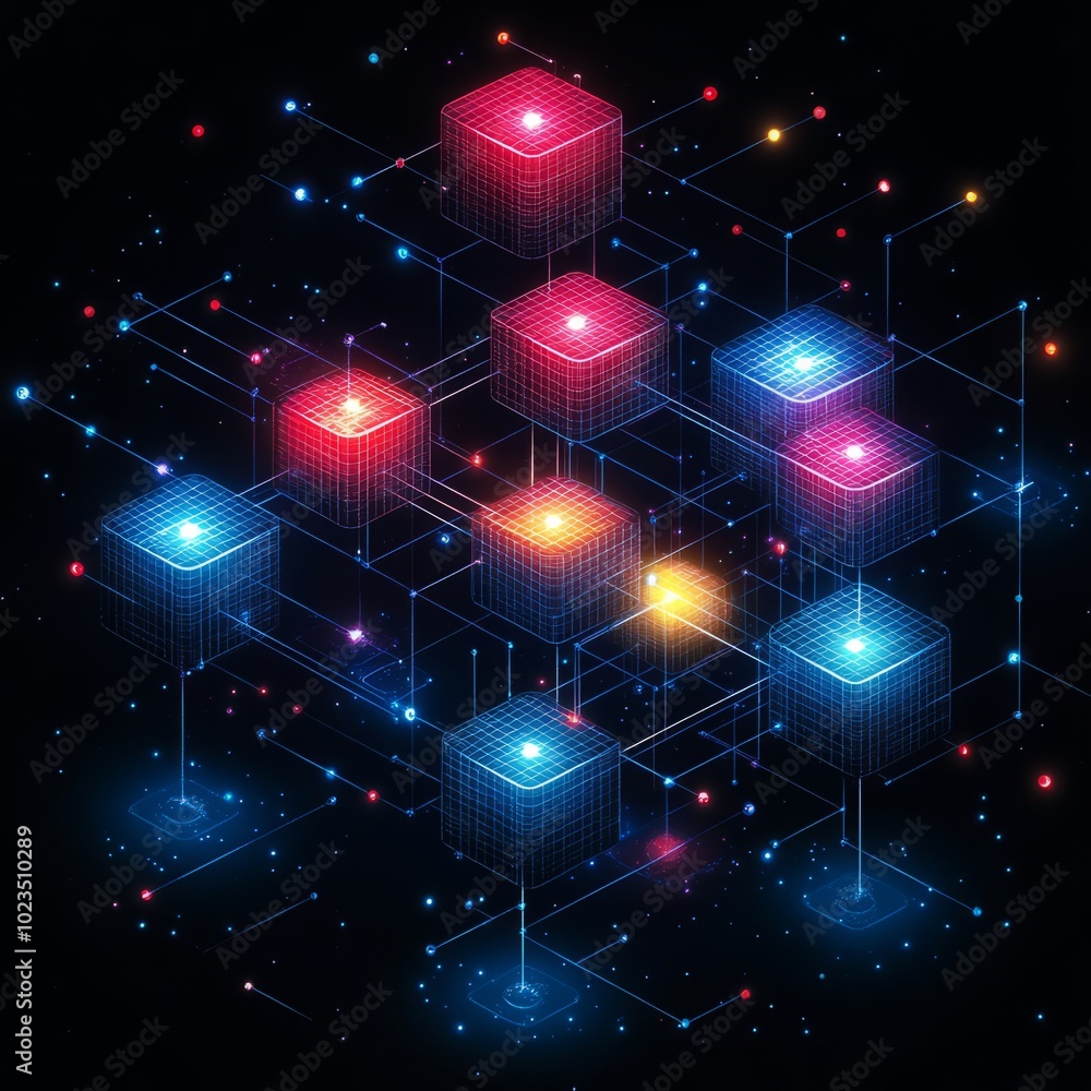 Poster a digital network of glowing cubes interconnected by lines in a cosmic background.