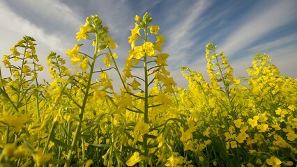 Obraz premium Vibrant yellow canola field, rolling green hills, majestic mountain backdrop, blue sky with wispy clouds,