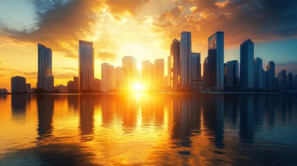 City skyline, close-up of tall buildings reflecting in the water, golden sunset