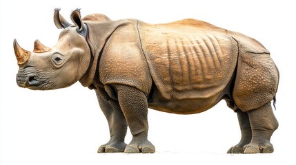 Obraz premium A large, gray rhinoceros with a single horn stands on a white background.