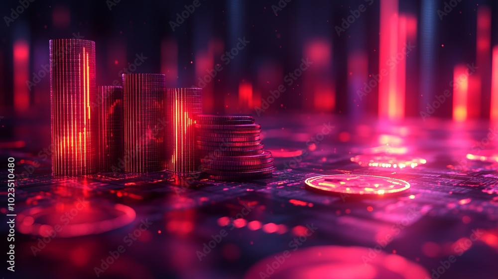 Poster a digital representation of cryptocurrency with glowing coins and bar graphs.