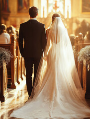 couple with their backs getting married at the church altar. wedding. wedding dress from the back.
