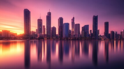 Obraz premium City Skyline Reflected in Still Water at Sunset