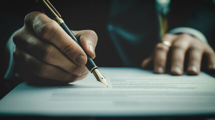 Close-up professional signing formal document with fountain pen, symbolizing agreement, business transactions, or legal formalities. Professionalism, commitment, and attention to detail