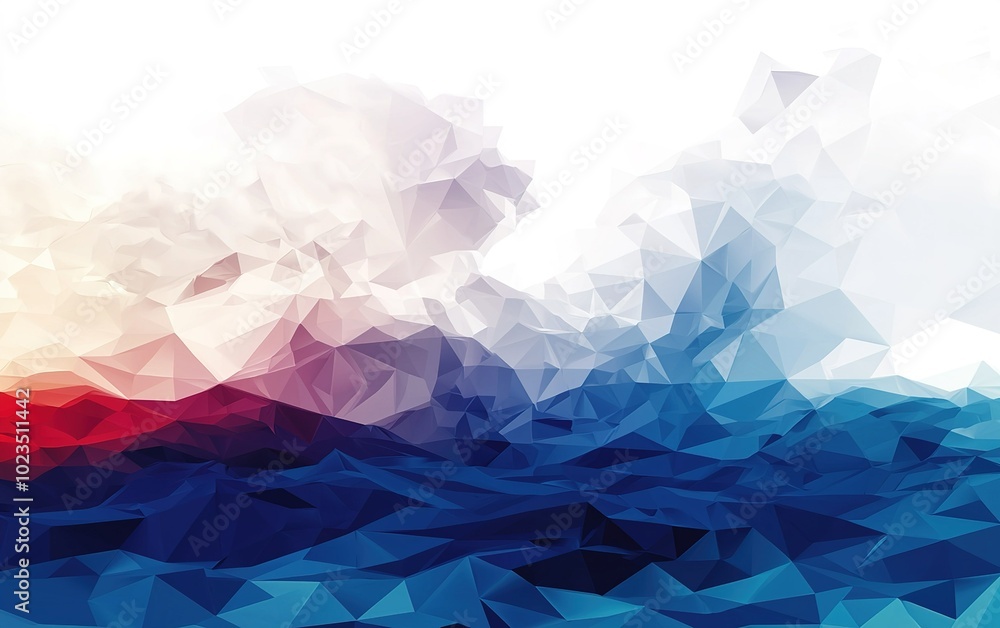 Poster geometric waves created with colorful triangular patterns depicting a tranquil ocean at sunset