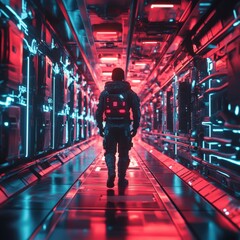 Fototapeta premium Futuristic Space Corridor with Astronaut Figure
