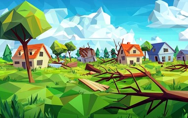 Fototapeta premium A vibrant landscape depicting a storm-stricken village with damaged houses and fallen trees under a bright blue sky