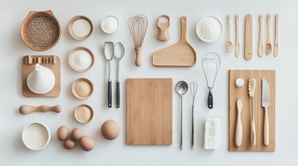Flat Lay of Baking Supplies with Wooden Utensils