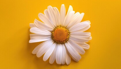 Naklejka premium Close-up of a Single White Daisy Flower with a Bright Yellow Center against a Vivid Yellow Background, Capturing Elegance and Simplicity in Nature