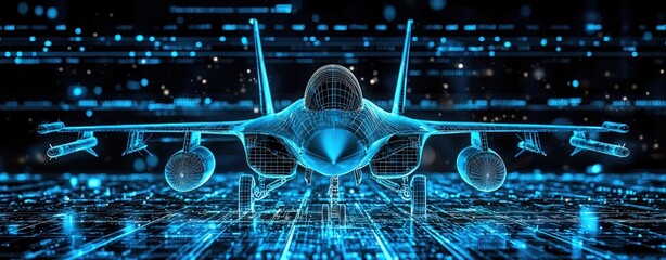 A futuristic blue jet is depicted in a digital environment, showcasing advanced technology and cybersecurity themes with a high-tech aesthetic.