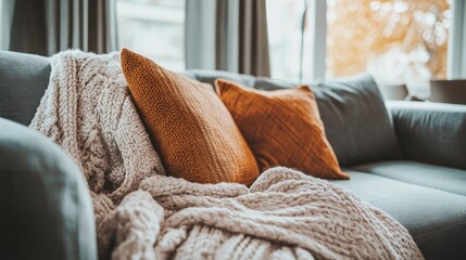 Comfy sofa, close-up of soft cushions and throw blanket.