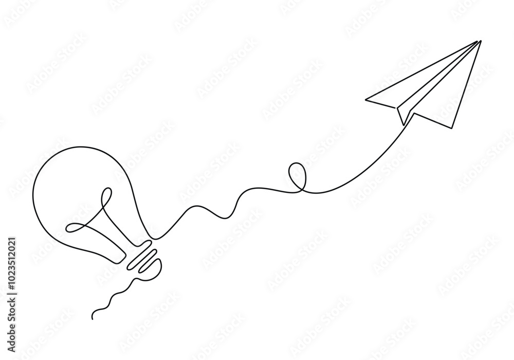 Poster paper plane flying up connected with light bulb continuous one line drawing. airplane in outline sty
