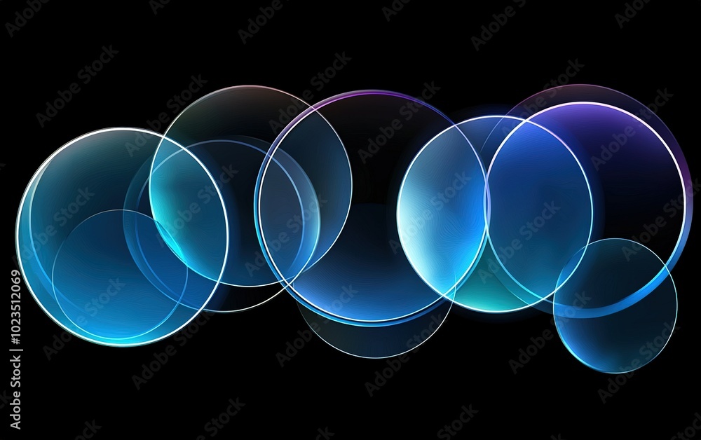 Poster abstract design of translucent circles overlapping in various sizes on a black background to create 