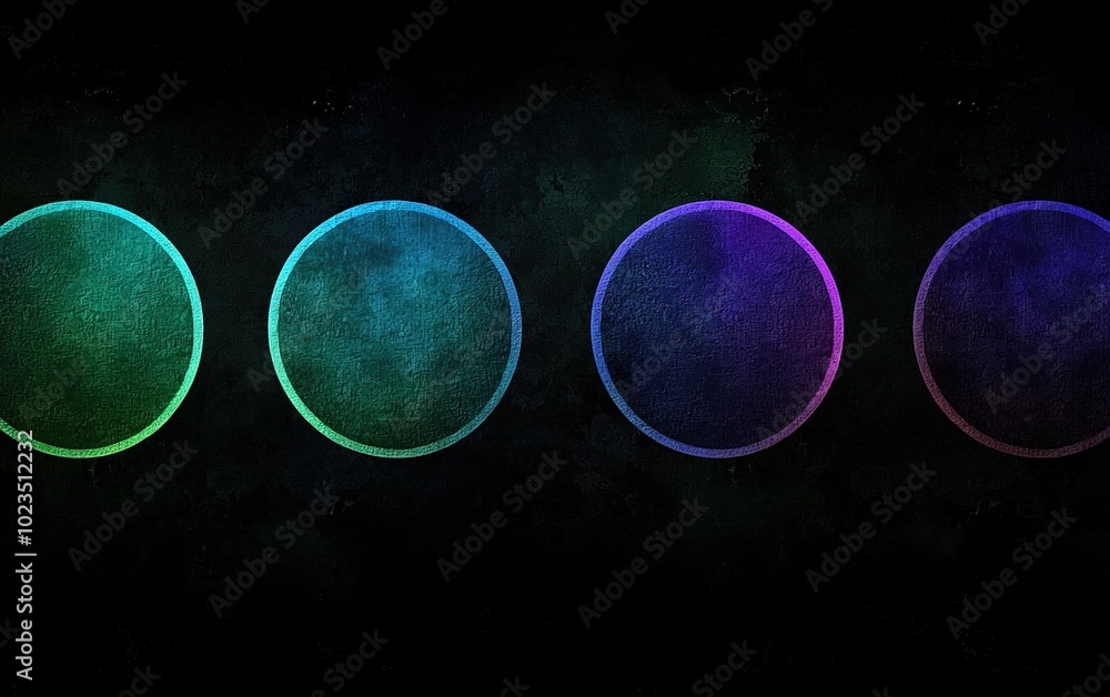 Poster colorful abstract circles glowing in a dark background, creating a stunning visual effect with vibra