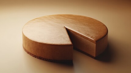 A round, smooth cake with a slice removed, showcasing its texture and design.