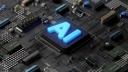 Fototapeta premium AI Chip with Glowing LEDs on 3D Electronic Circuit Board