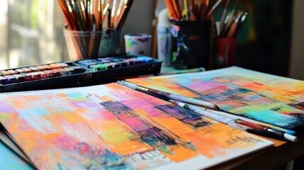 Fototapeta premium Creative workspace, close-up of art supplies and sketches, bright and colorful
