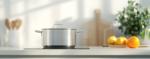 Modern High-Tech Induction Stove in Sleek Stainless Steel - Minimalist Kitchen Design with Bright Lighting for Contemporary Homes