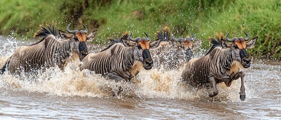 A herd of wildebeest run through a river, splashing water as they go.