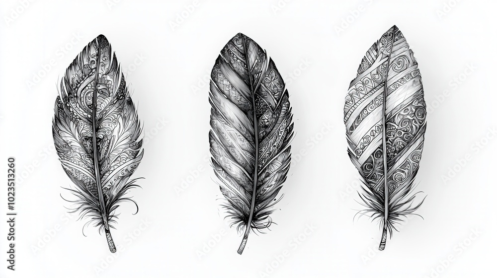 Aufkleber three beautifully crafted black and white feathers exhibit intricate designs, showcasing delicate pa