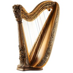 Obraz premium A golden harp with intricate carvings stands ready to be played.