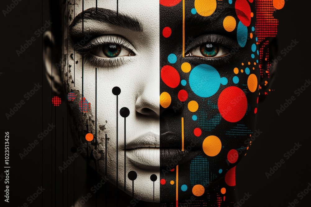 Poster a striking display of face painting showcases two contrasting halves, one adorned with vibrant color
