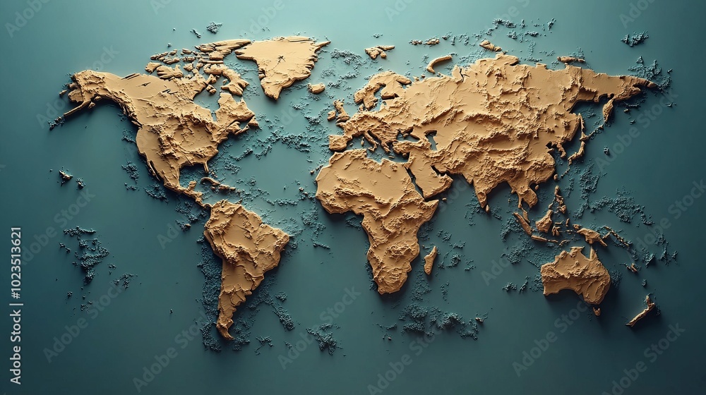 Poster a textured world map in relief, showcasing continents in a three-dimensional design.