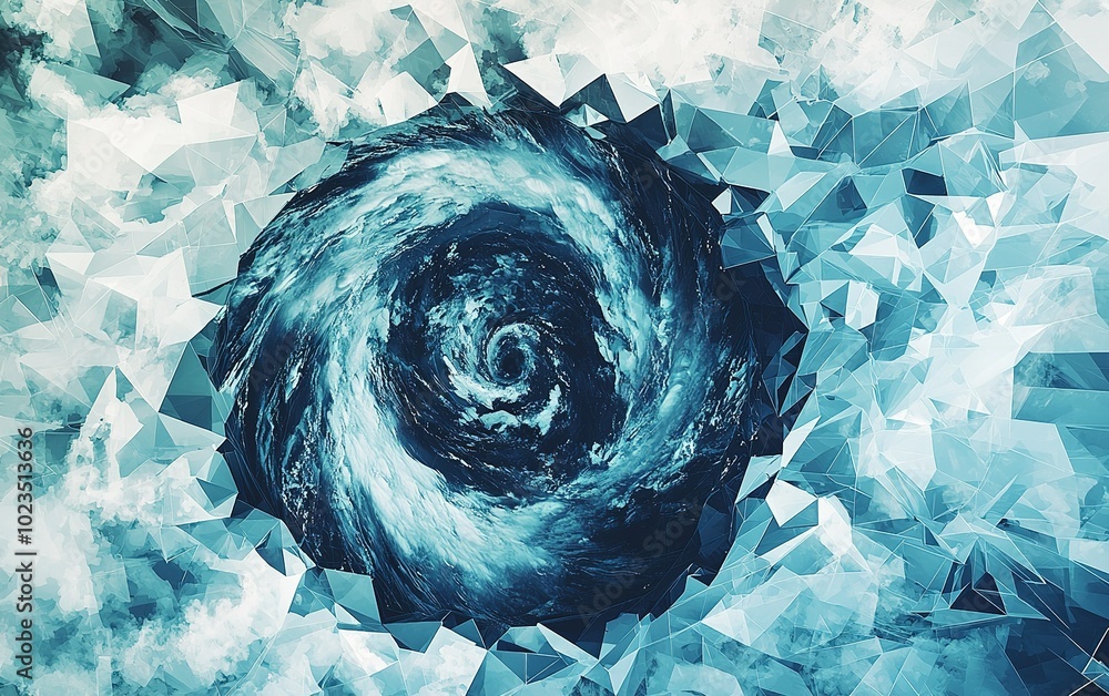 Poster a swirling vortex of water and ice captured in an abstract digital design showcasing turbulence and 