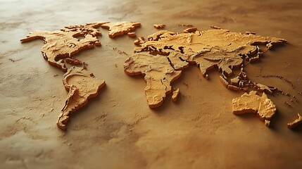 A textured world map in warm tones, emphasizing geographical features and contours.