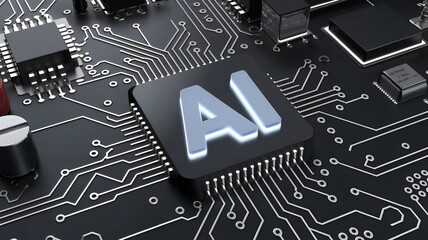 3D Render of AI Chip Circuit Board with Glowing LED Light