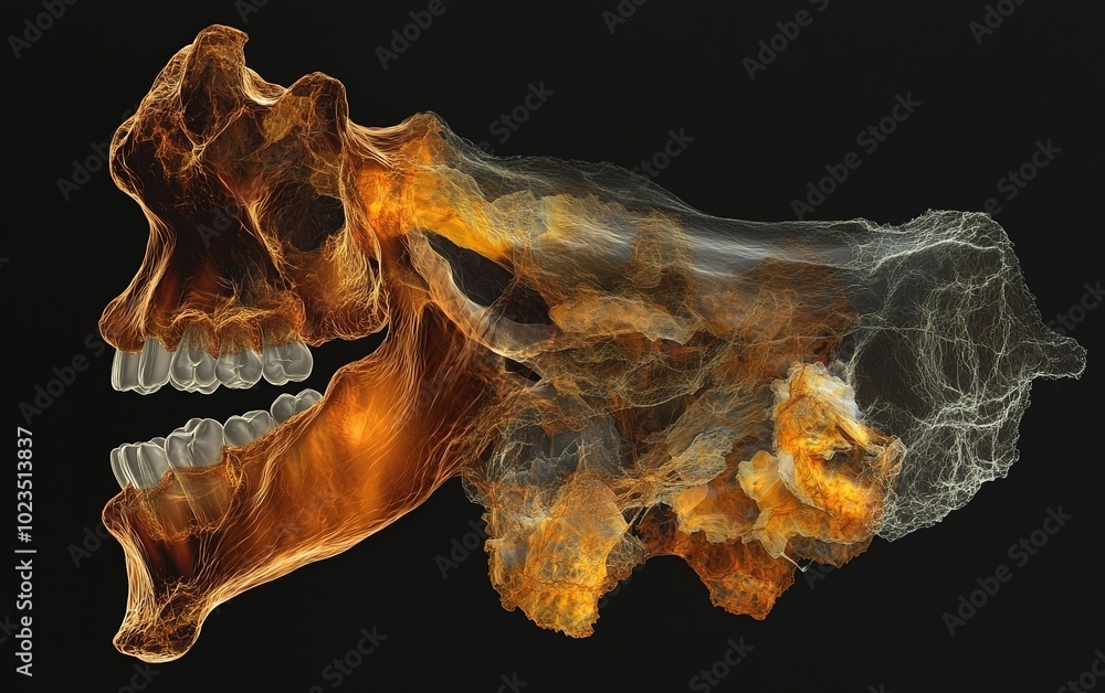 Poster detailed 3d rendering of a human skull emphasizing intricate bone structure and textures in a scient