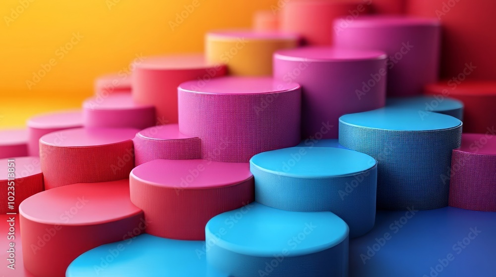 Poster a vibrant arrangement of colorful geometric shapes creating a playful visual effect.