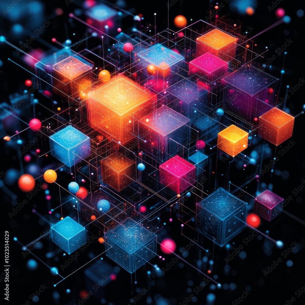 Poster a vibrant digital abstract composition of interconnected cubes and spheres in a cosmic setting.