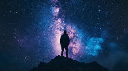 Fototapeta premium A lone figure stands silhouetted against a vibrant night sky, the Milky Way stretching across the vast expanse above.