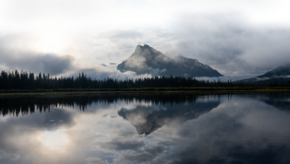 Mount Rundle Banff with Vermillion Lake clouds mist reflection partially transparent sky
