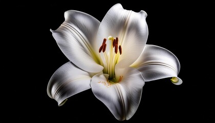 Fototapeta premium Elegant Close-Up of a White Lily in Full Bloom Against Dark Background with Sharp Detail of Petals and Stamens