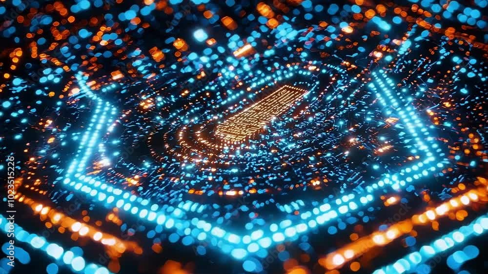 Poster binary code forming a fingerprint shape, representing online banking security and the importance of 