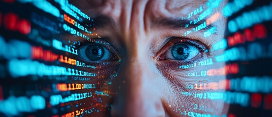 Neural Network Nightmare: Close-up of Anxious Face Under Flickering Code Display in Machine Learning Chaos